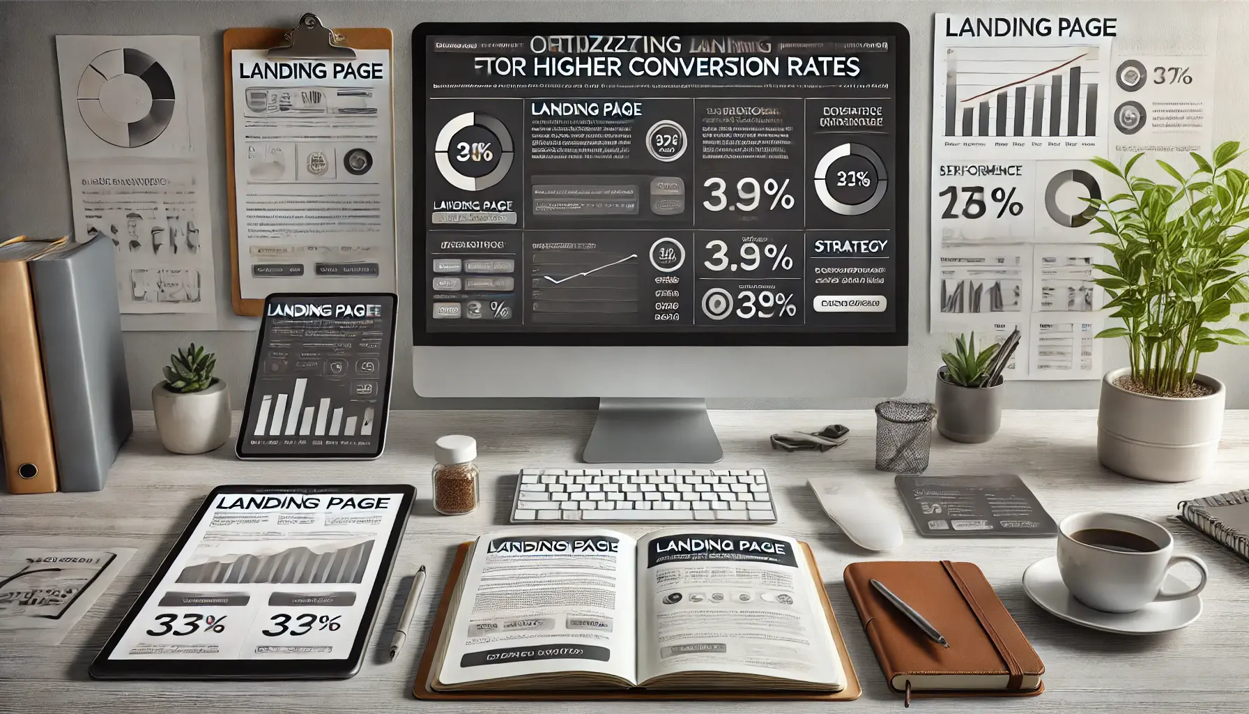 Digital marketing workspace featuring a computer screen displaying a landing page design with a call-to-action button, and a tablet showing landing page analytics.