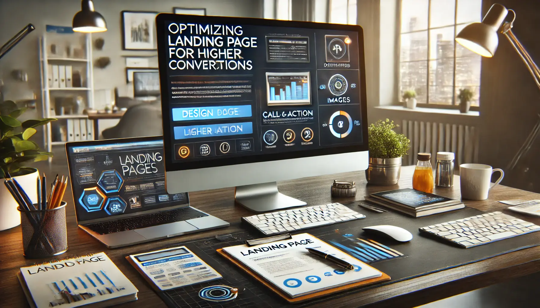 A modern digital marketing workspace showcasing an effective landing page design.