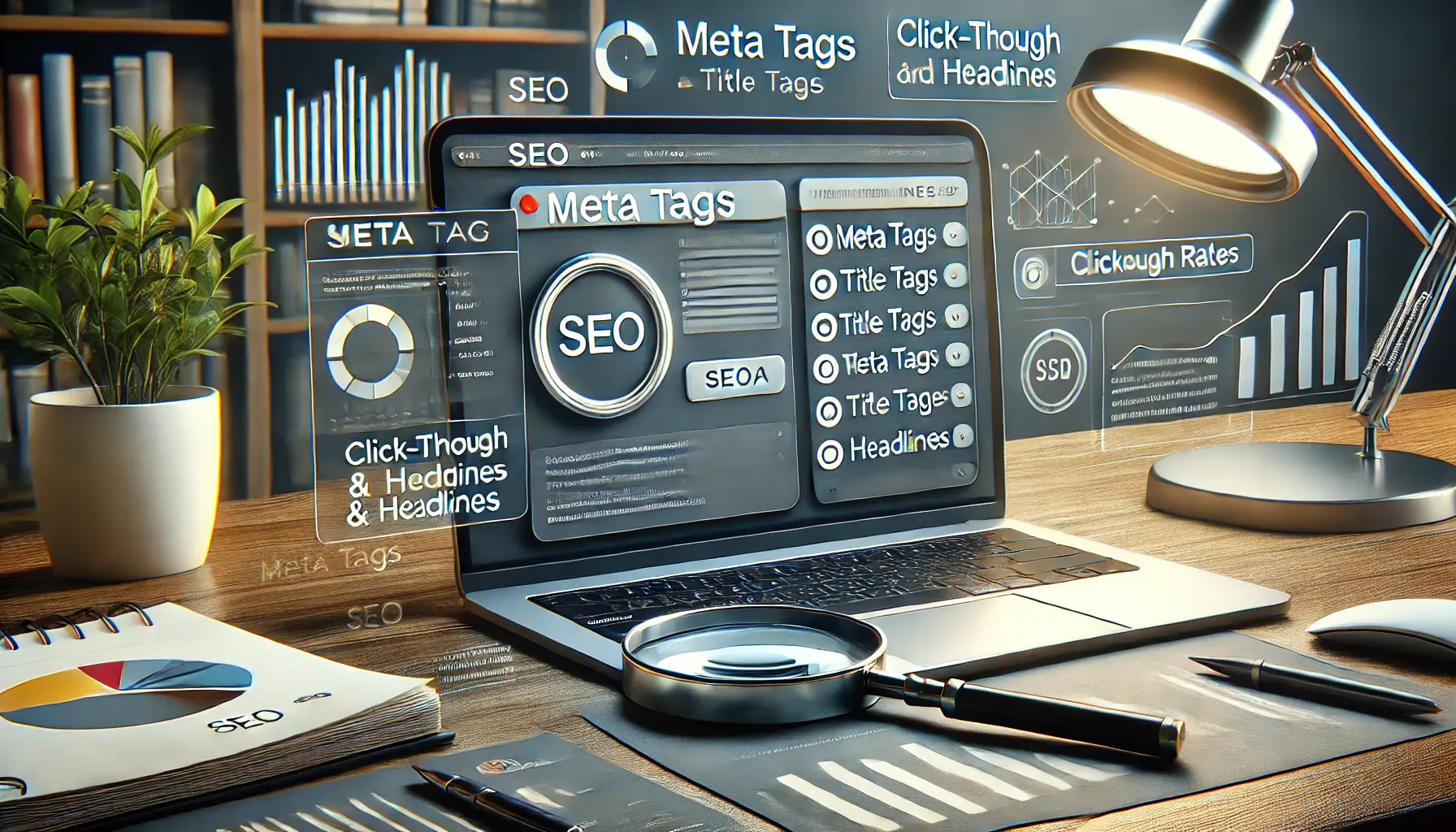 A digital workspace displaying SEO tools for editing meta tags and headlines, with charts showing performance metrics and a magnifying glass symbolizing precision.