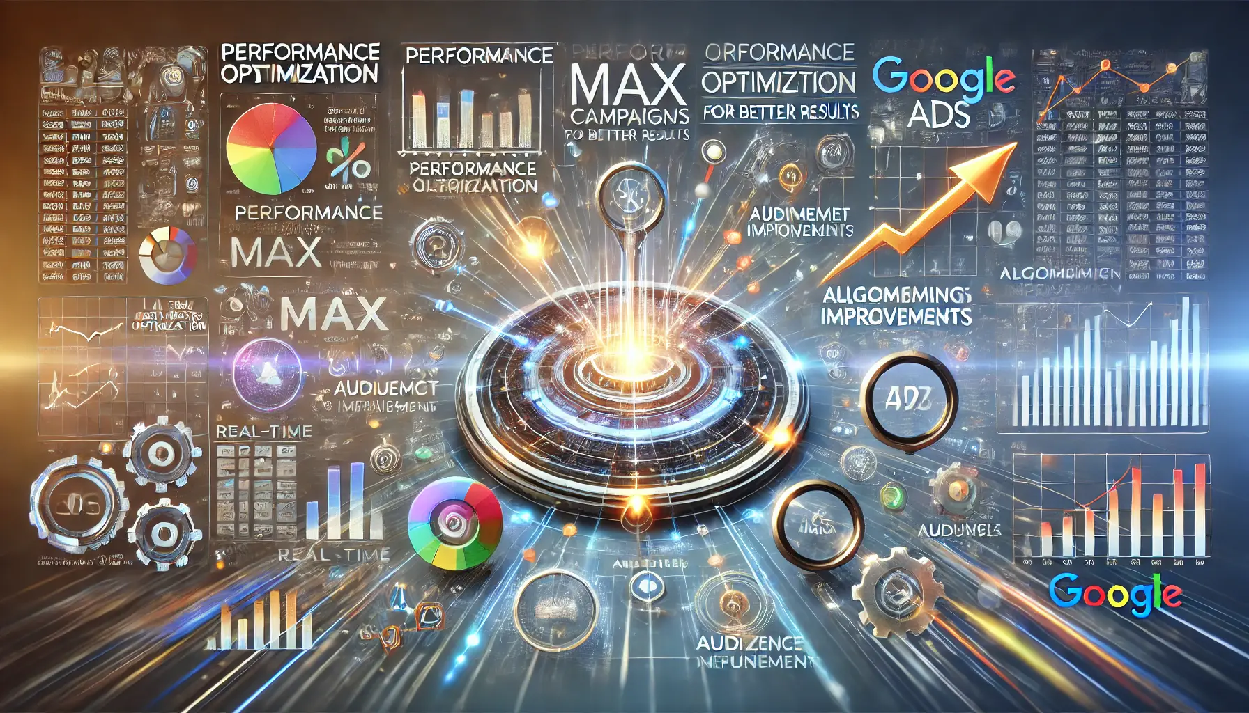 An image illustrating the optimization process of Performance Max campaigns, featuring performance metrics, data graphs, and machine learning symbols interconnected to represent improvement.