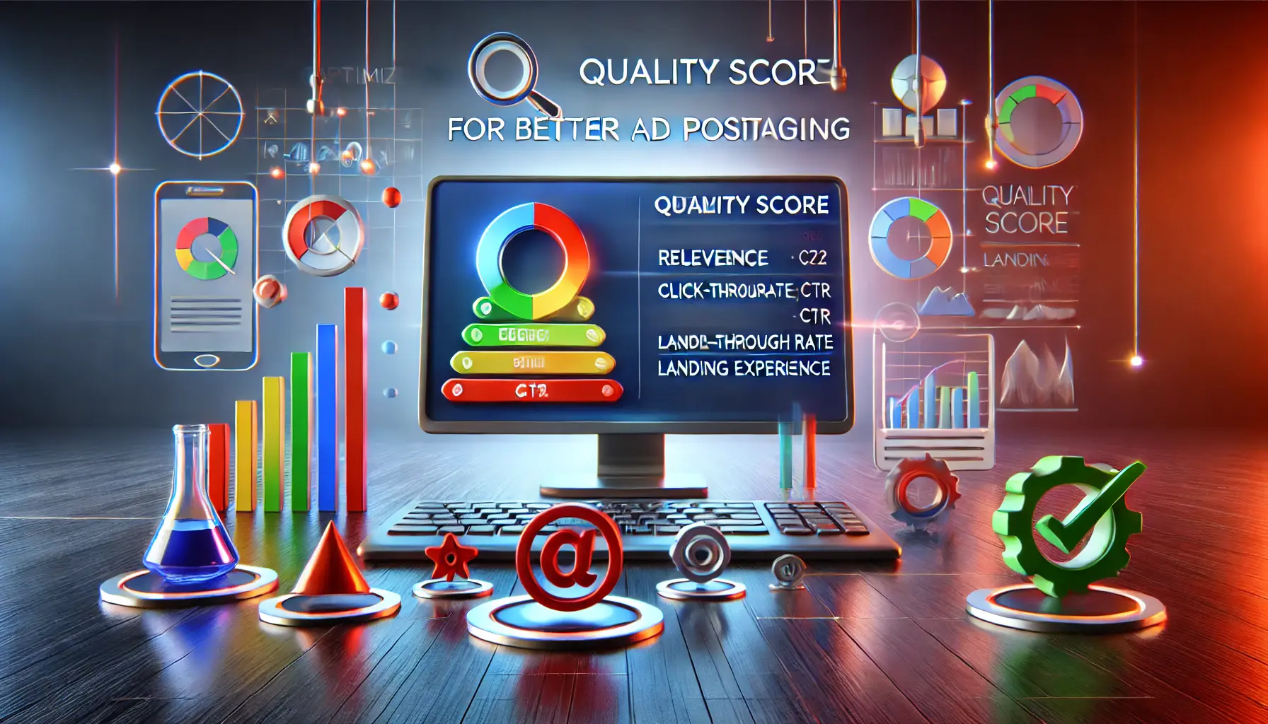 A Google Ads interface showing key quality score metrics like relevance, click-through rate (CTR), and landing page experience, surrounded by abstract symbols representing optimization and improvement.