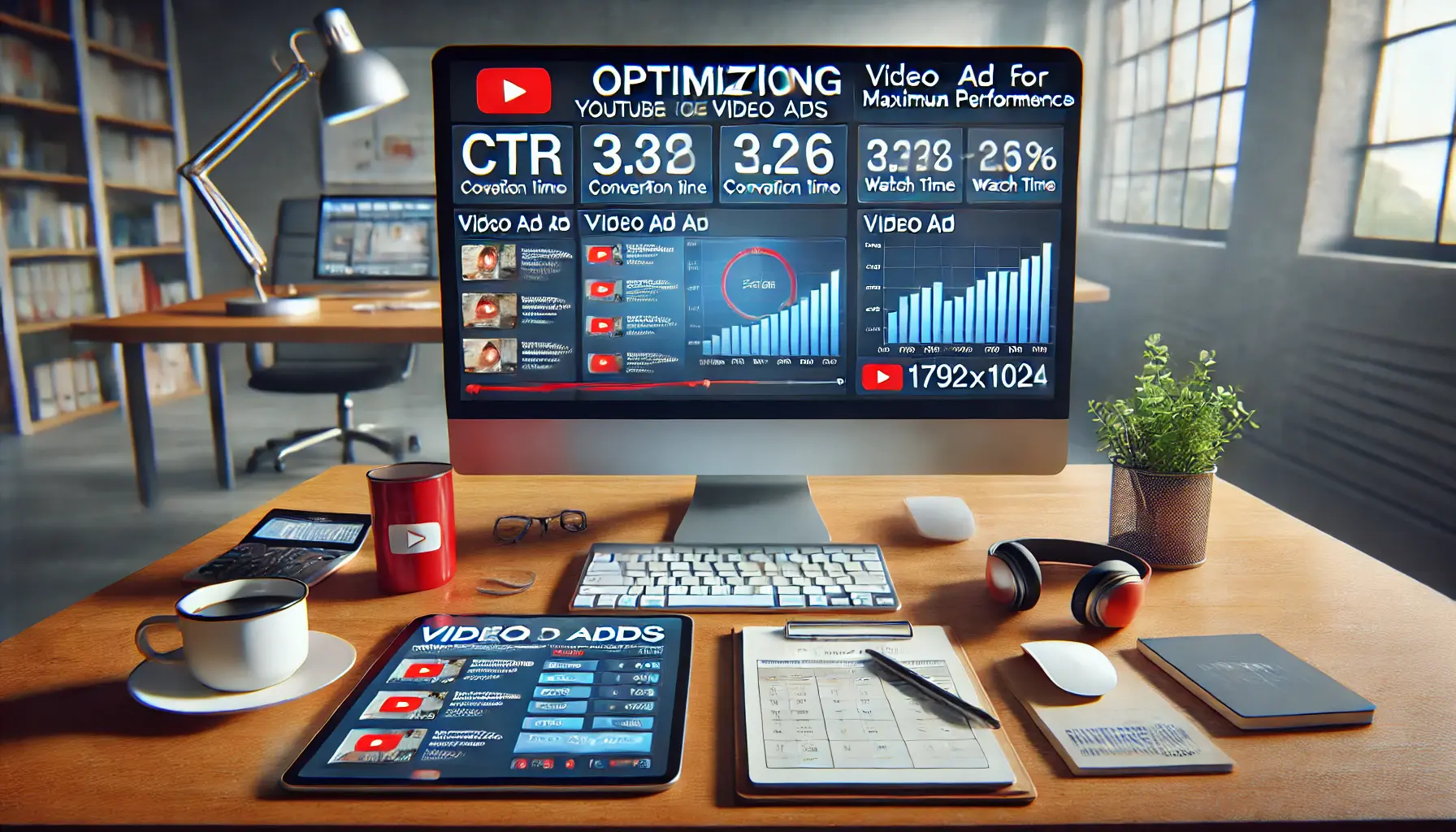 Marketer optimizing YouTube video ads for maximum performance, reviewing performance data on screen.