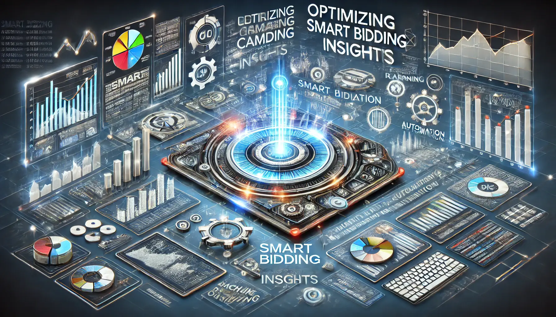 A visual representation of optimizing campaigns using data graphs, charts, and analytics dashboards, symbolizing the use of insights in digital advertising.