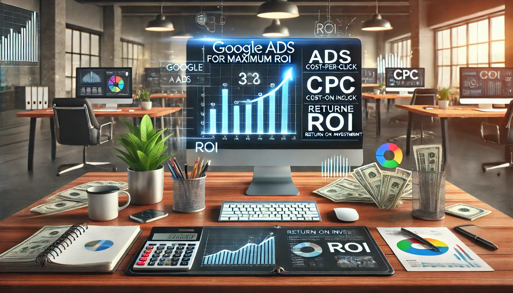 A modern office workspace displaying analytics and performance metrics for Google Ads optimization.