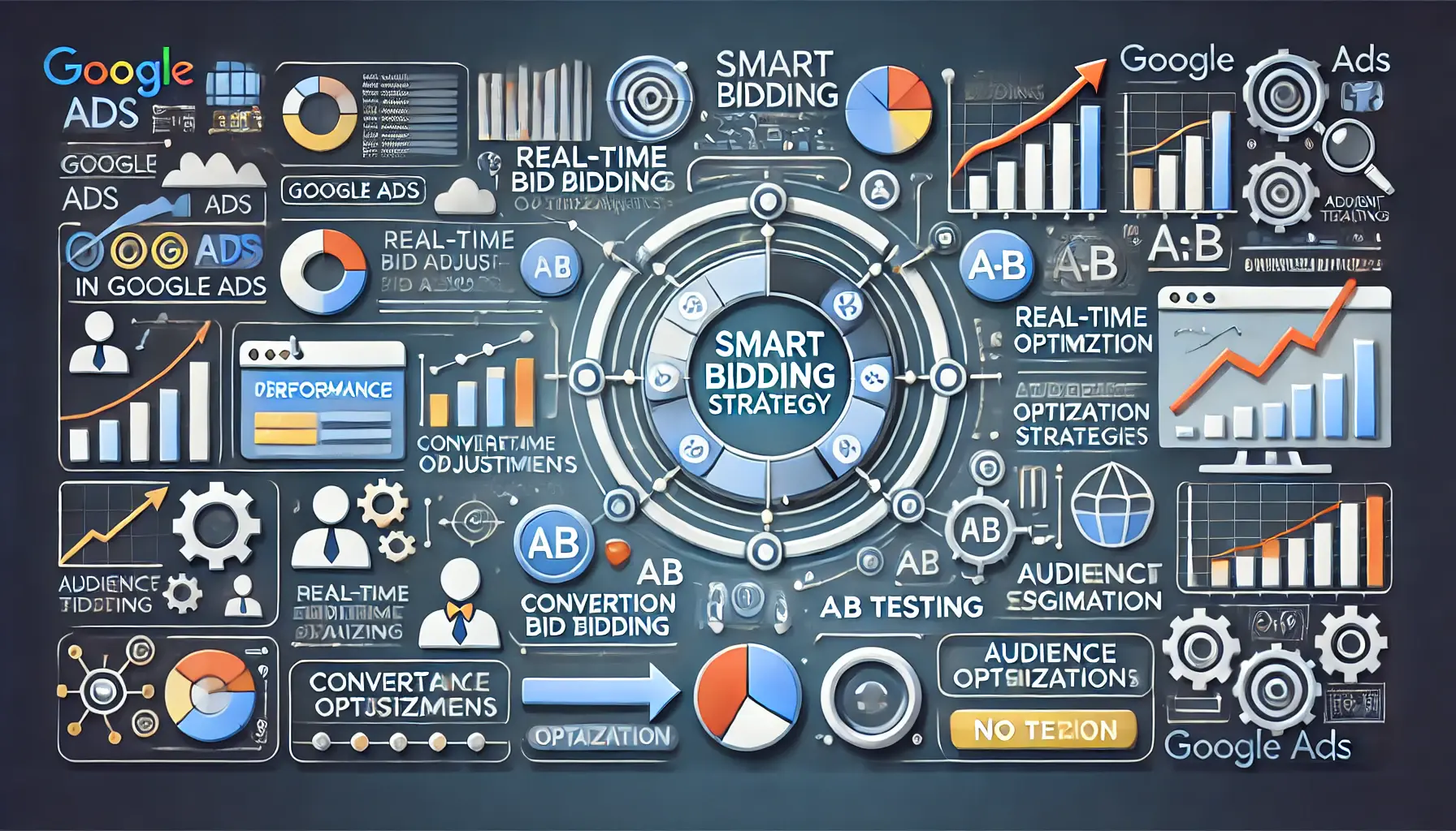 Illustration of optimizing a Smart Bidding strategy in Google Ads, showing performance analytics and real-time bid adjustments.