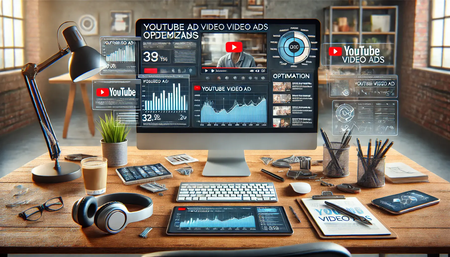 Marketer optimizing YouTube video ads, reviewing performance analytics and metrics in a digital workspace.