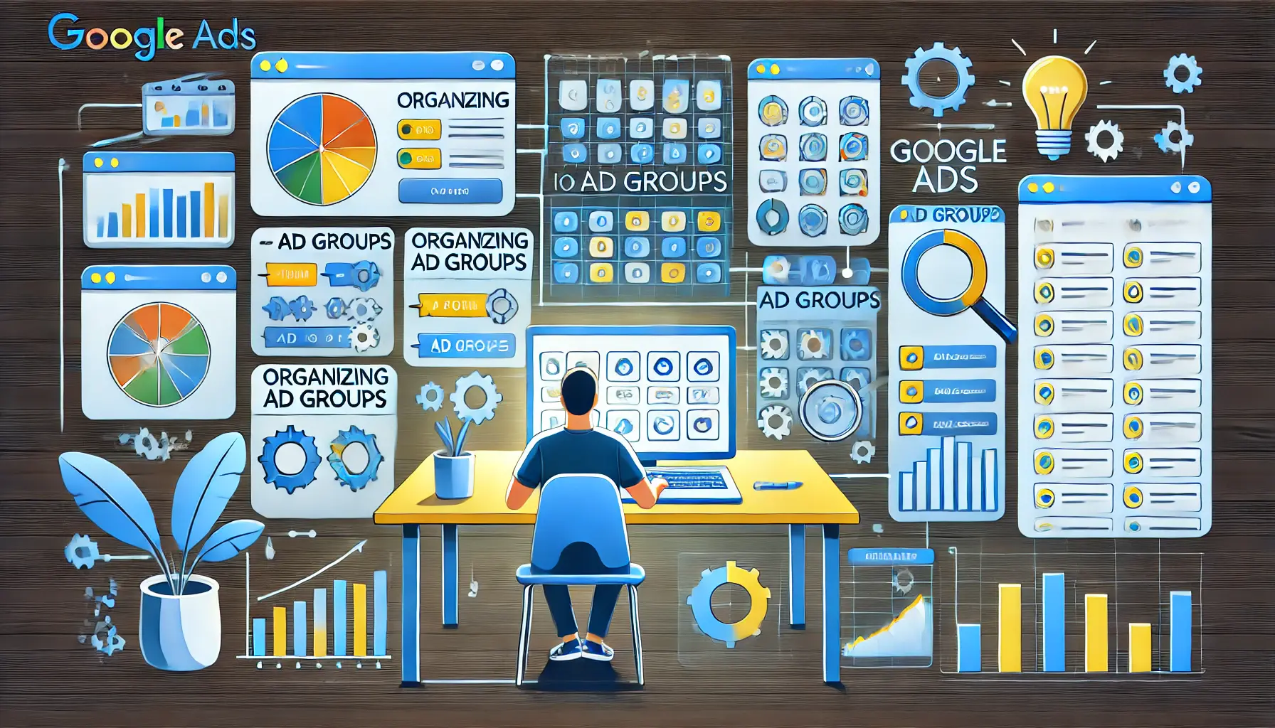 A visual representation of organizing keywords into ad groups, showing a person analyzing data on a computer.