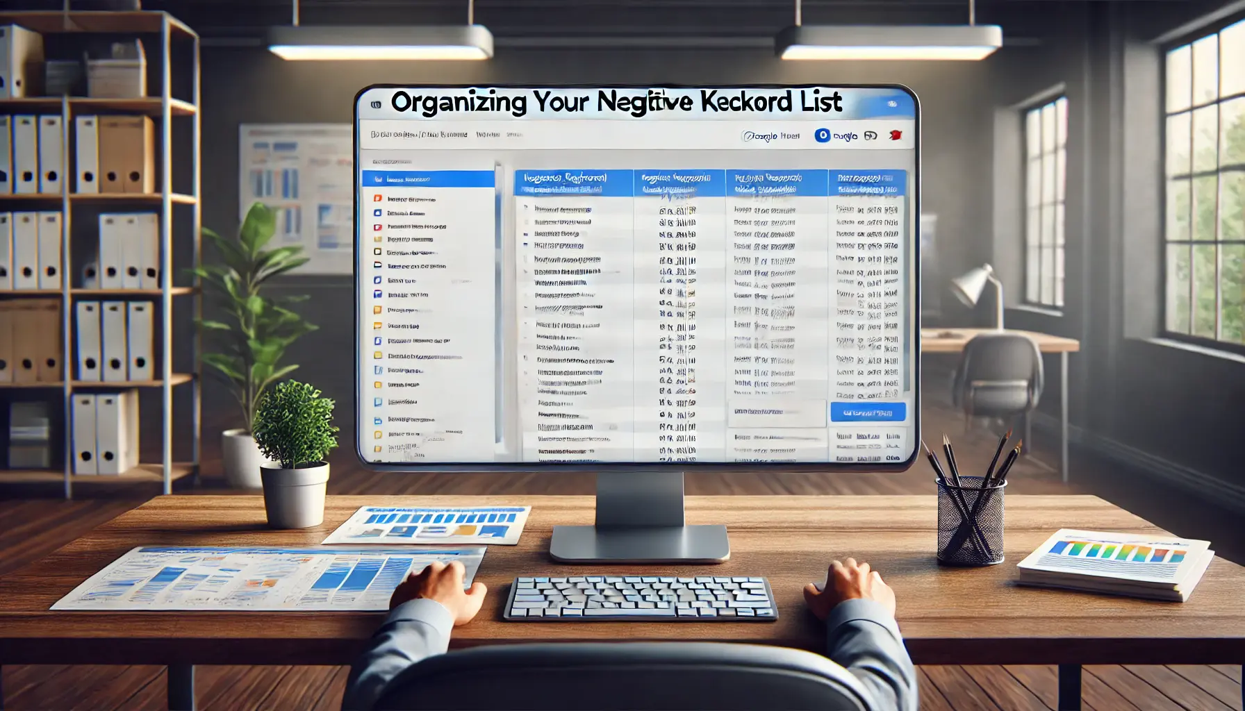 Digital workspace with a keyword management tool organizing negative keywords into different lists for ad campaigns.