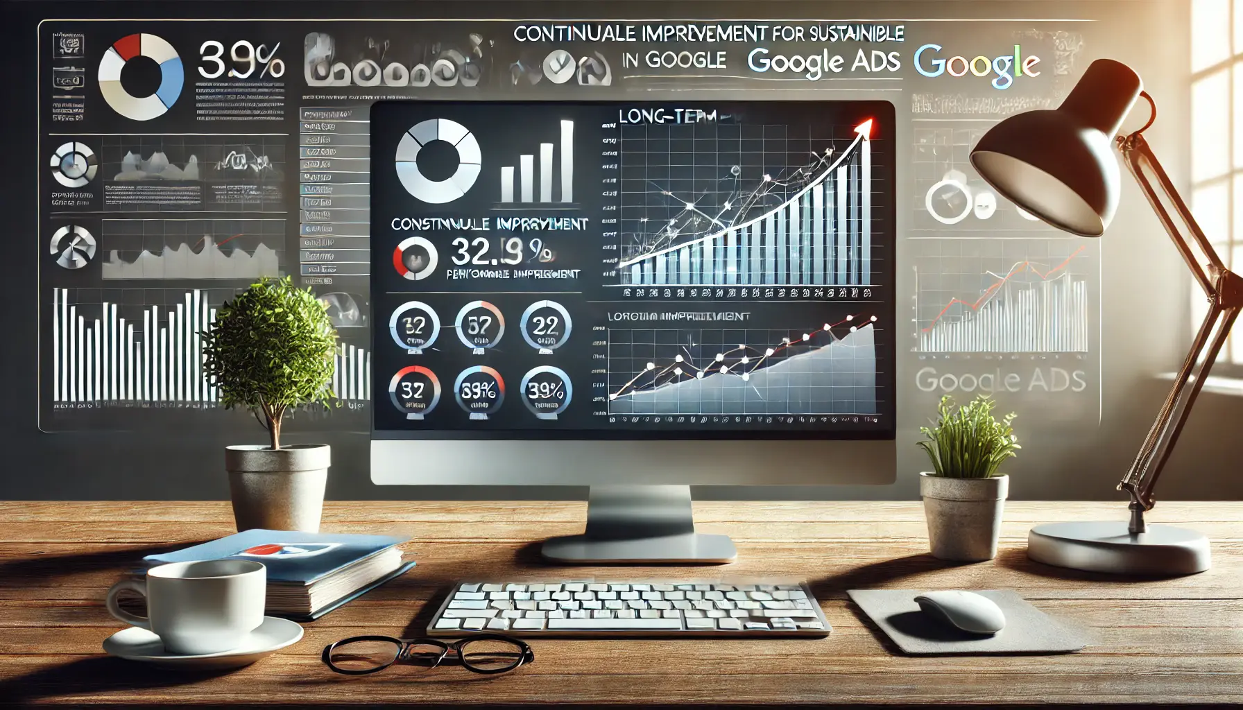 A digital marketing workspace displaying long-term performance metrics and growth trends on a Google Ads dashboard, with graphs showing steady upward improvement.