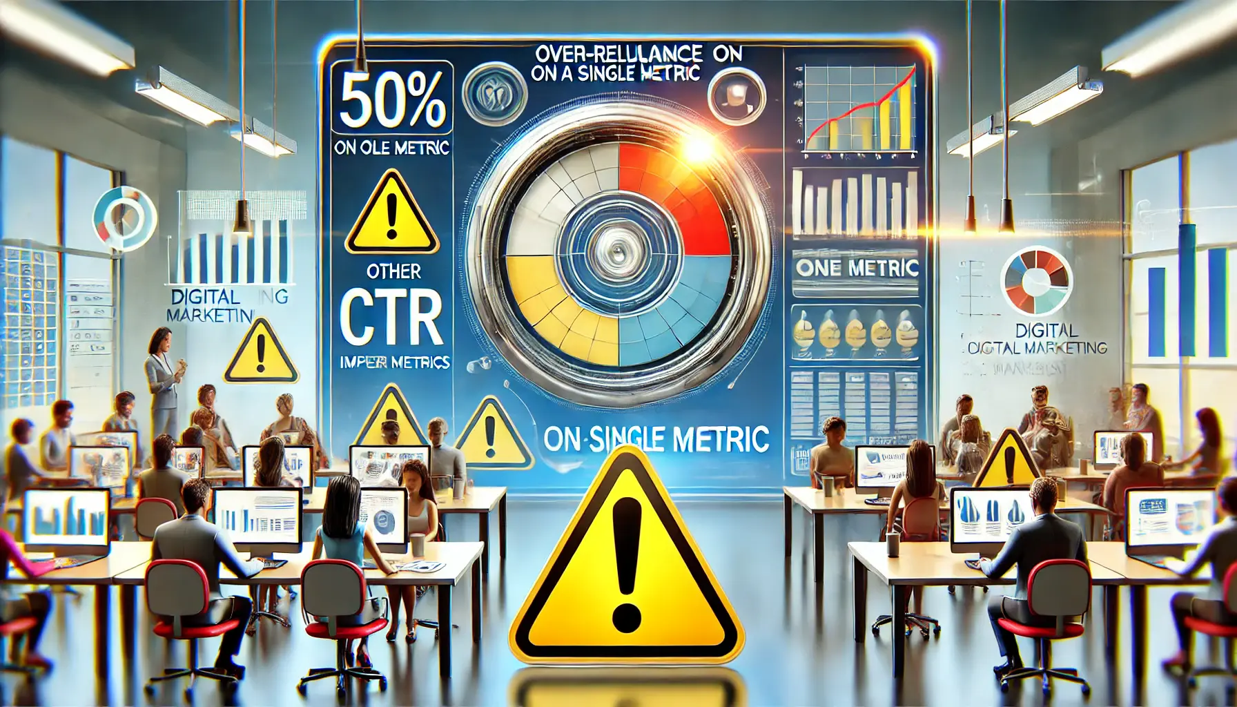 An illustrative image depicting over-reliance on a single metric in digital marketing analysis, featuring a dashboard focusing on one metric.