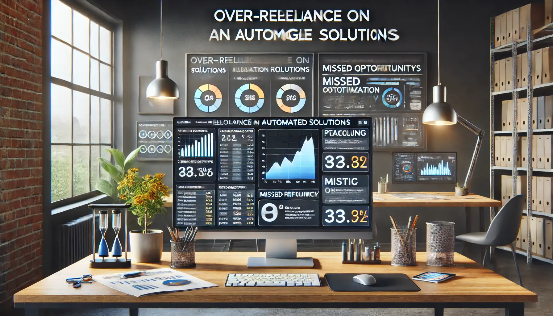 A professional workspace showing a plateau in performance metrics, highlighting the issues of over-reliance on automation in Google Ads campaigns.