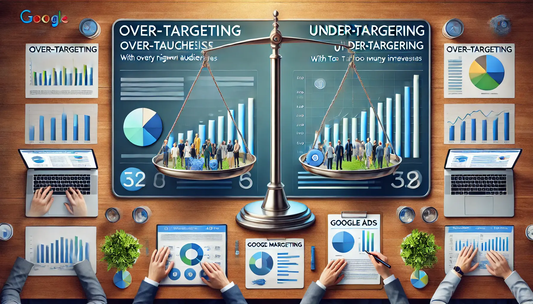 A professional image illustrating the concept of over-targeting vs. under-targeting in Google Ads, with narrow and broad audience depictions.