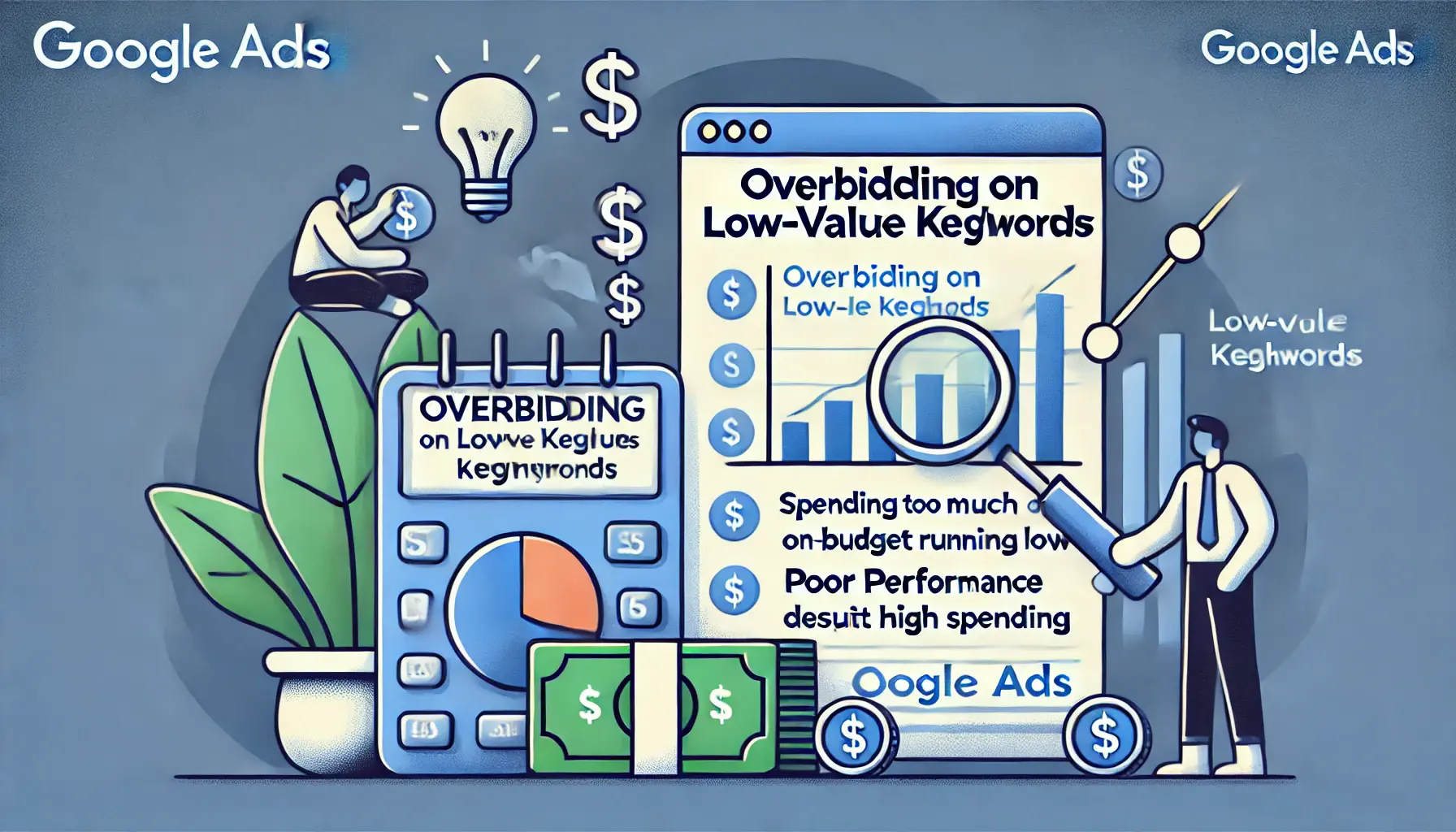 Visual representation of overbidding on low-value keywords, featuring wasted dollar signs, a depleted budget, and a graph showing poor performance.