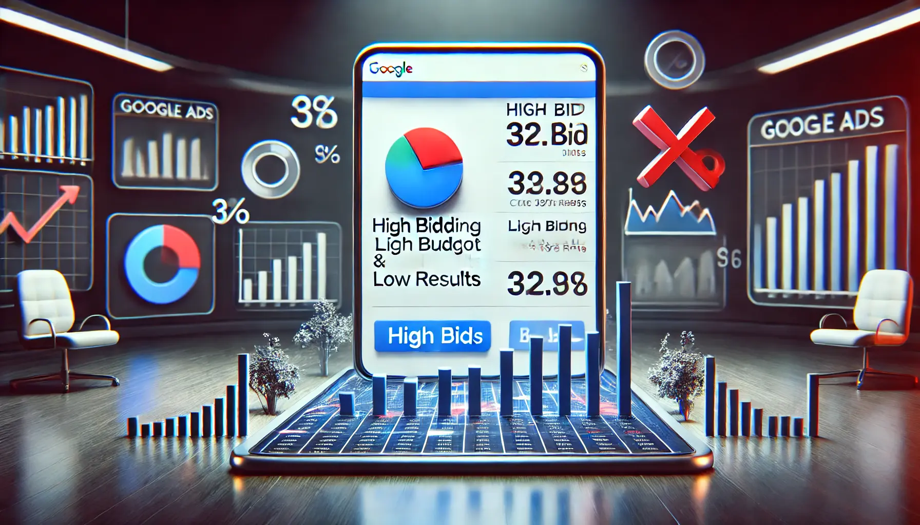 A Google Ads dashboard displaying high bid amounts with poor performance metrics such as low click-through rates and conversions, surrounded by symbols representing wasted budget and inefficiency.