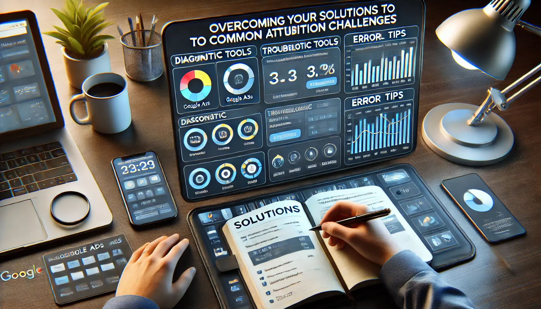 Digital marketer troubleshooting common attribution challenges on a Google Ads dashboard with diagnostic tools and error indicators.