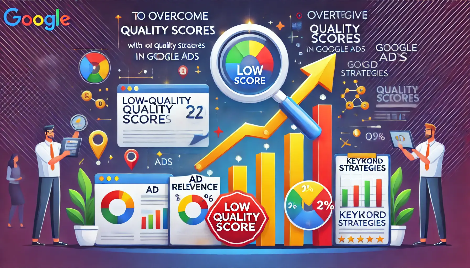 A strategic digital marketing illustration depicting overcoming low quality scores with effective bidding strategies, featuring upward arrows and quality score indicators.