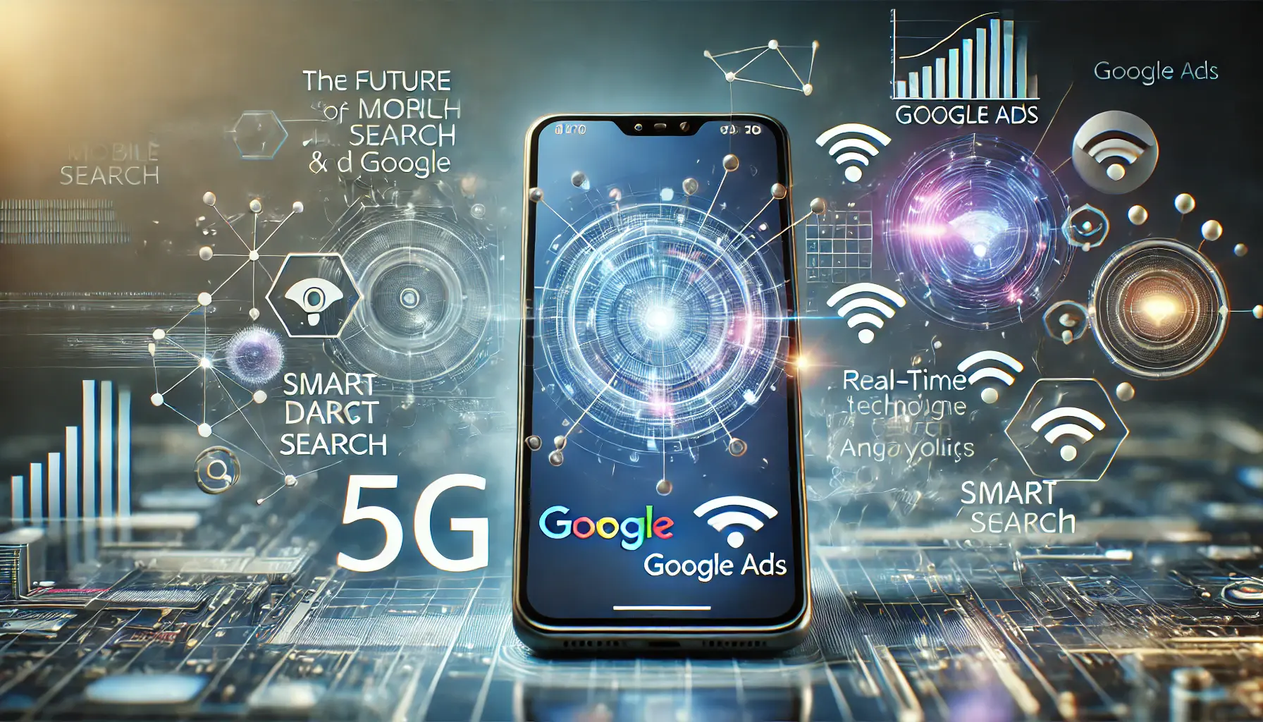 A futuristic smartphone displaying AI-driven search with elements like voice search, smart ads, and real-time analytics, surrounded by symbols of 5G, augmented reality, and AI algorithms