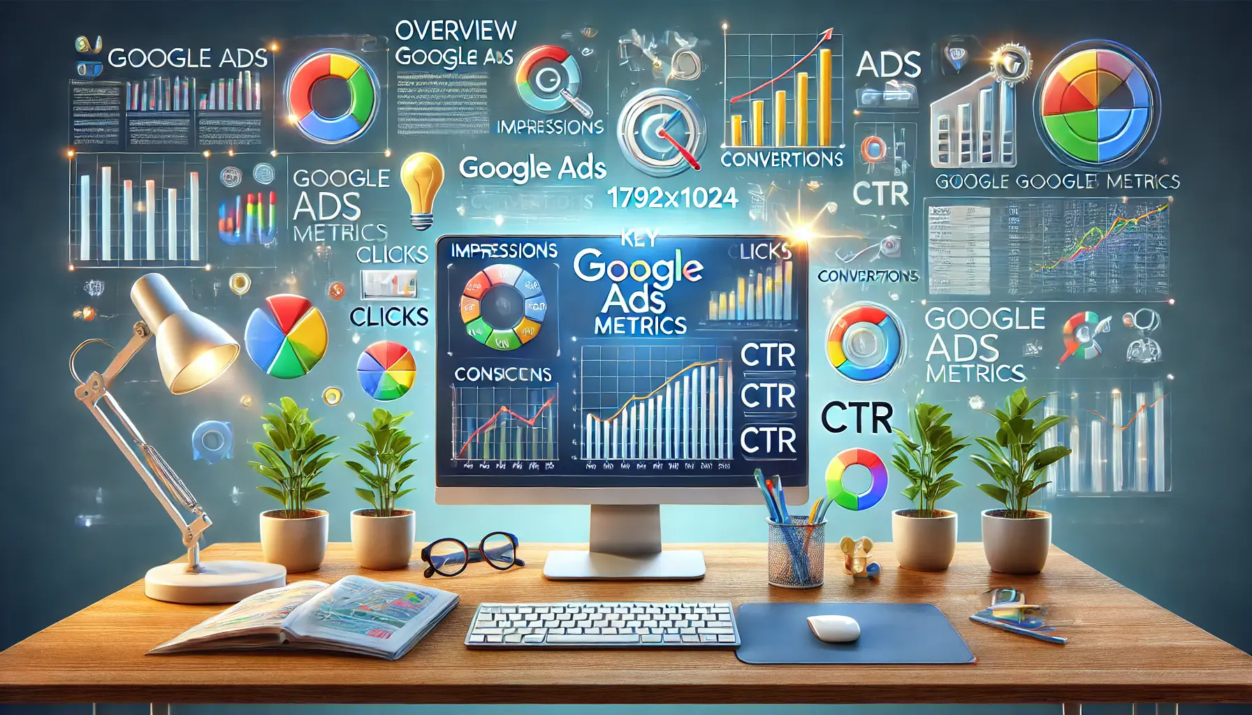 Image depicting a digital workspace with a computer showing key Google Ads metrics such as impressions, clicks, conversions, and CTR.