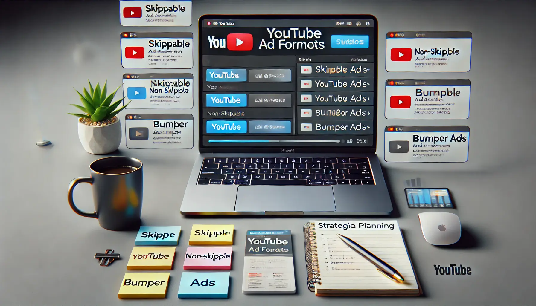 A workspace with a laptop displaying YouTube ad format options, surrounded by notes summarizing each format.