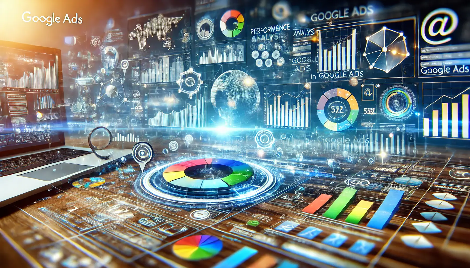 A vibrant representation of performance analysis in Google Ads featuring graphs, analytics dashboards, and advertising icons in blue and green tones.