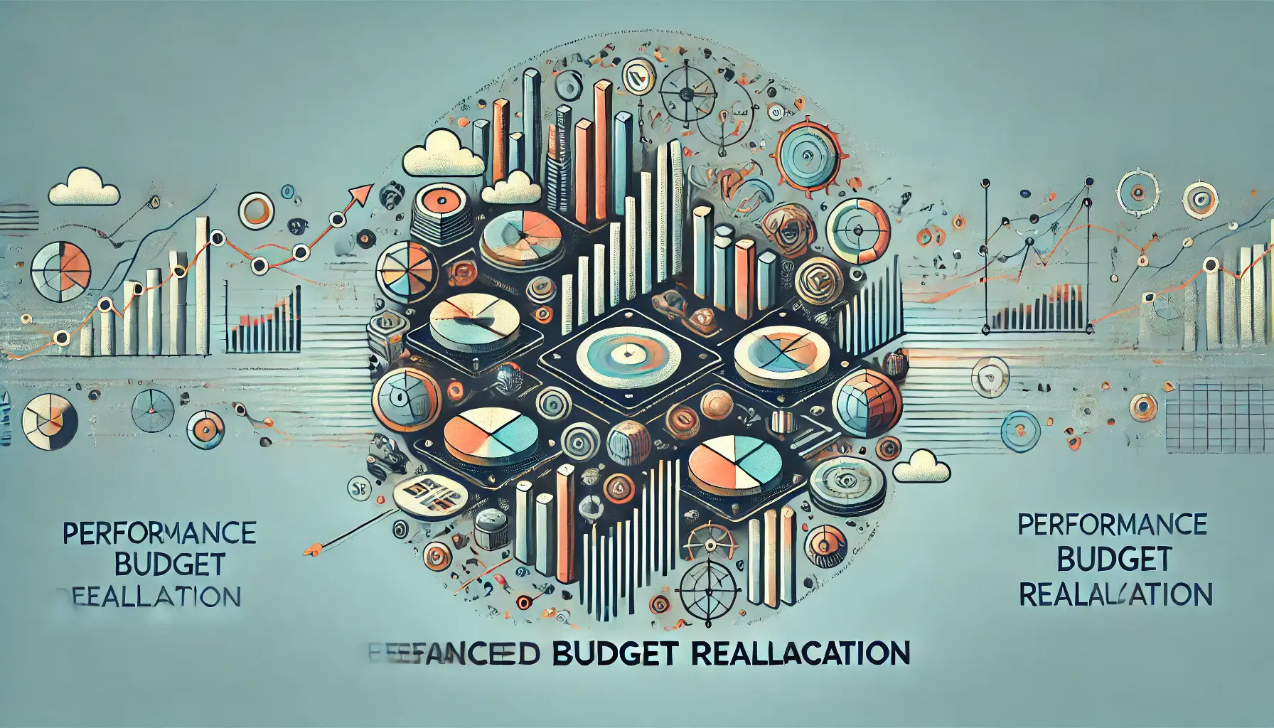 Abstract image symbolizing budget reallocation based on performance metrics with visuals of moving funds, performance graphs, and shifting resources.