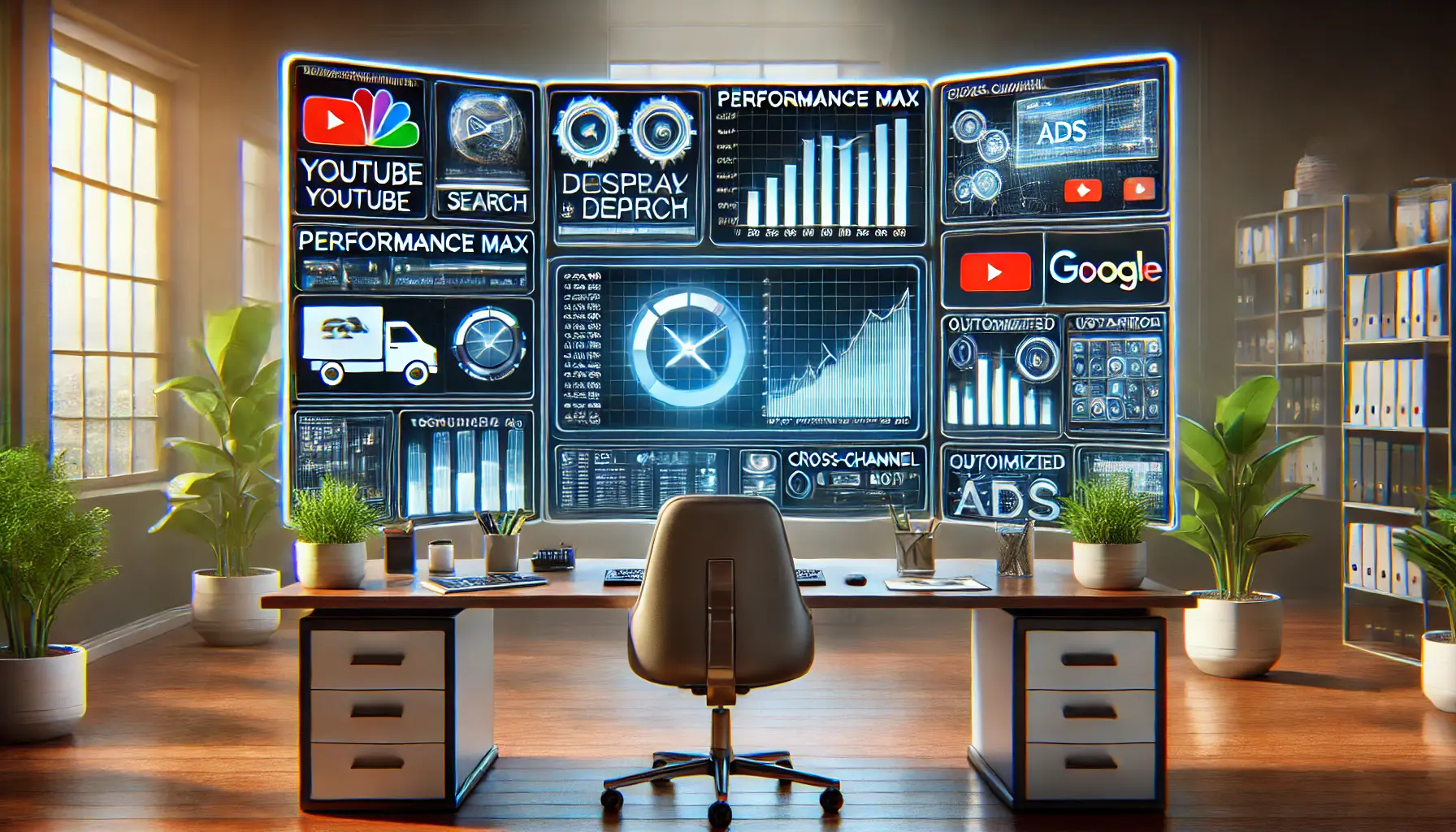 A professional workspace displaying a multi-channel dashboard with campaign performance across platforms like YouTube, Display, Search, and Gmail.