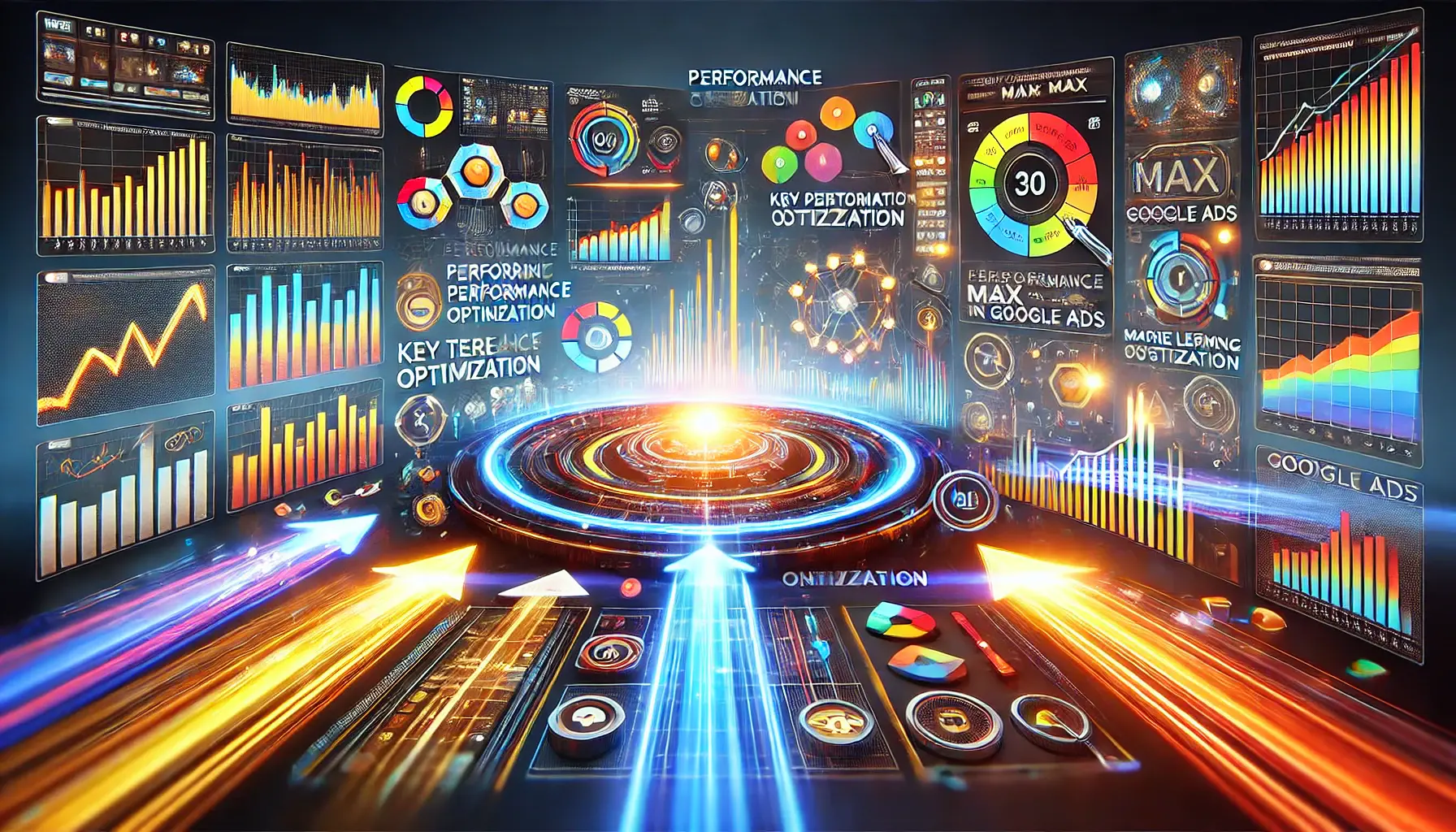 An image depicting the real-time monitoring and analysis of Performance Max campaigns, featuring performance dashboards, data charts, and machine learning systems.