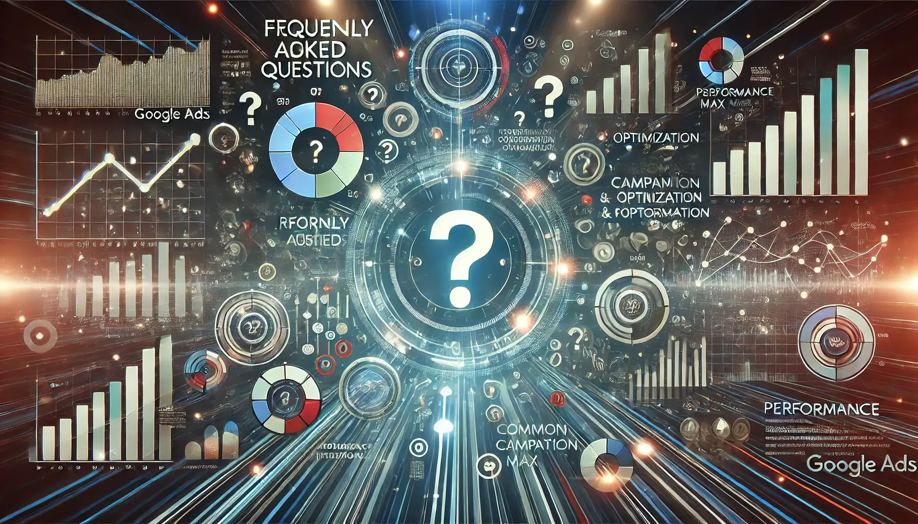 An image featuring question marks, data symbols, and pathways representing common queries about campaign setup and optimization in Performance Max campaigns.