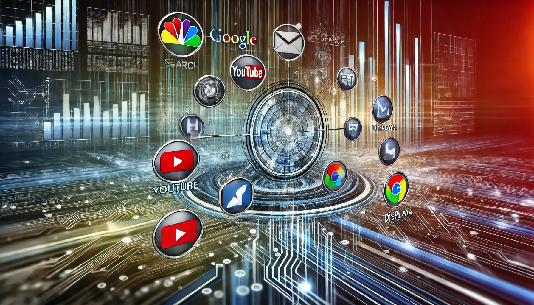 Abstract digital advertising concept showcasing interconnected platforms like Google Search, YouTube, and Gmail, symbolizing performance optimization.