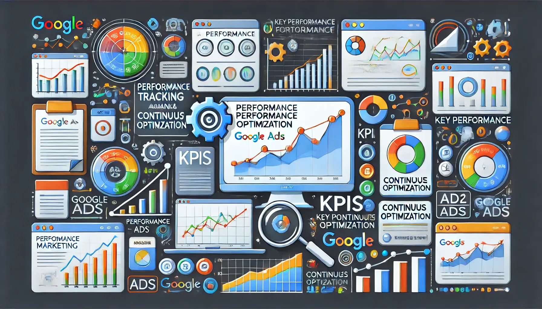 An informative digital marketing illustration depicting performance tracking and continuous optimization, featuring dashboards and analytics tools.