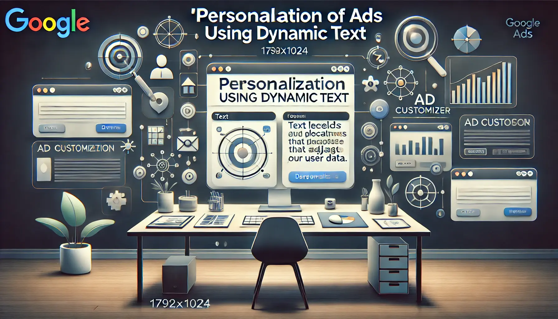 A digital workspace displaying an ad interface with placeholders and icons representing personalization elements like location, user interests, and demographics.