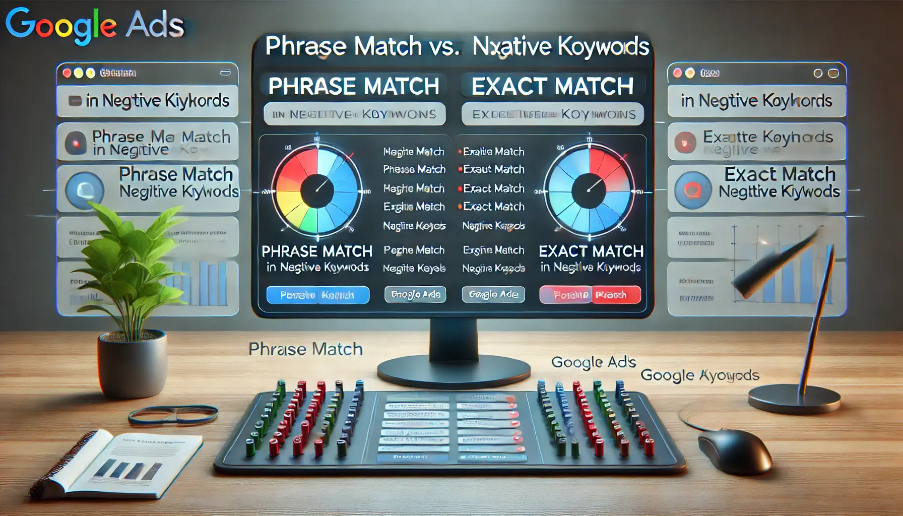 Digital advertising interface comparing phrase match and exact match settings for negative keywords.