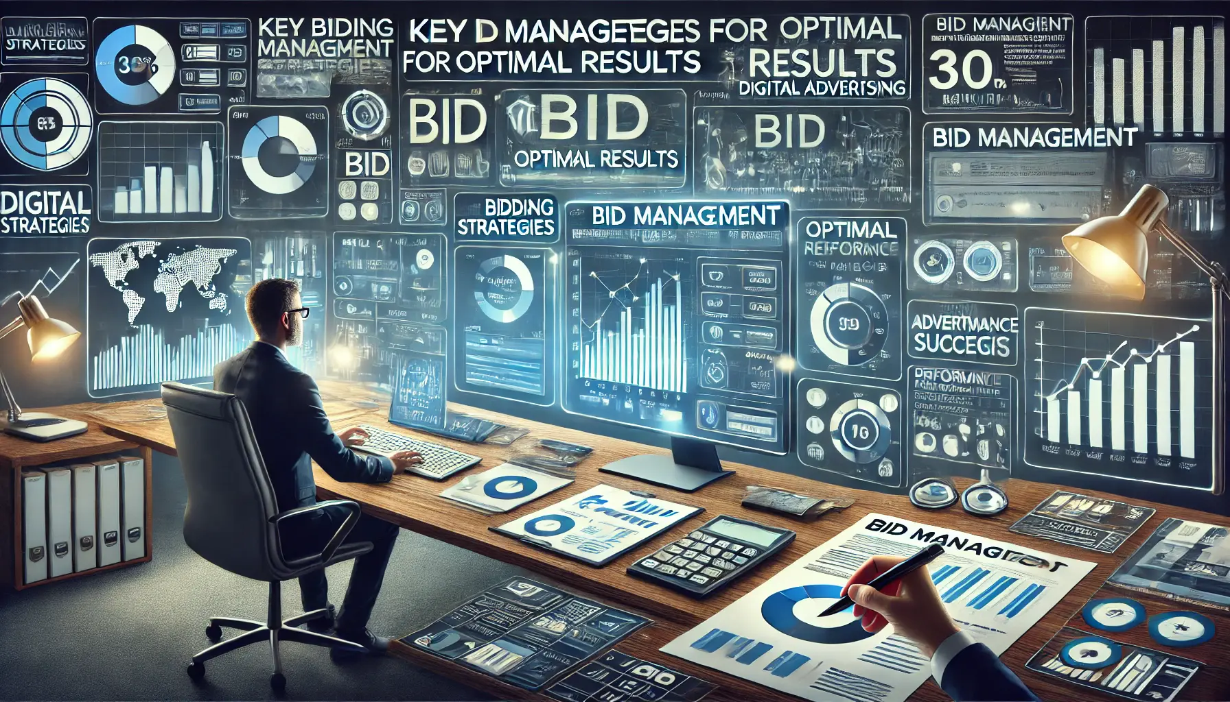 A marketer analyzing bid management strategies on a digital dashboard.