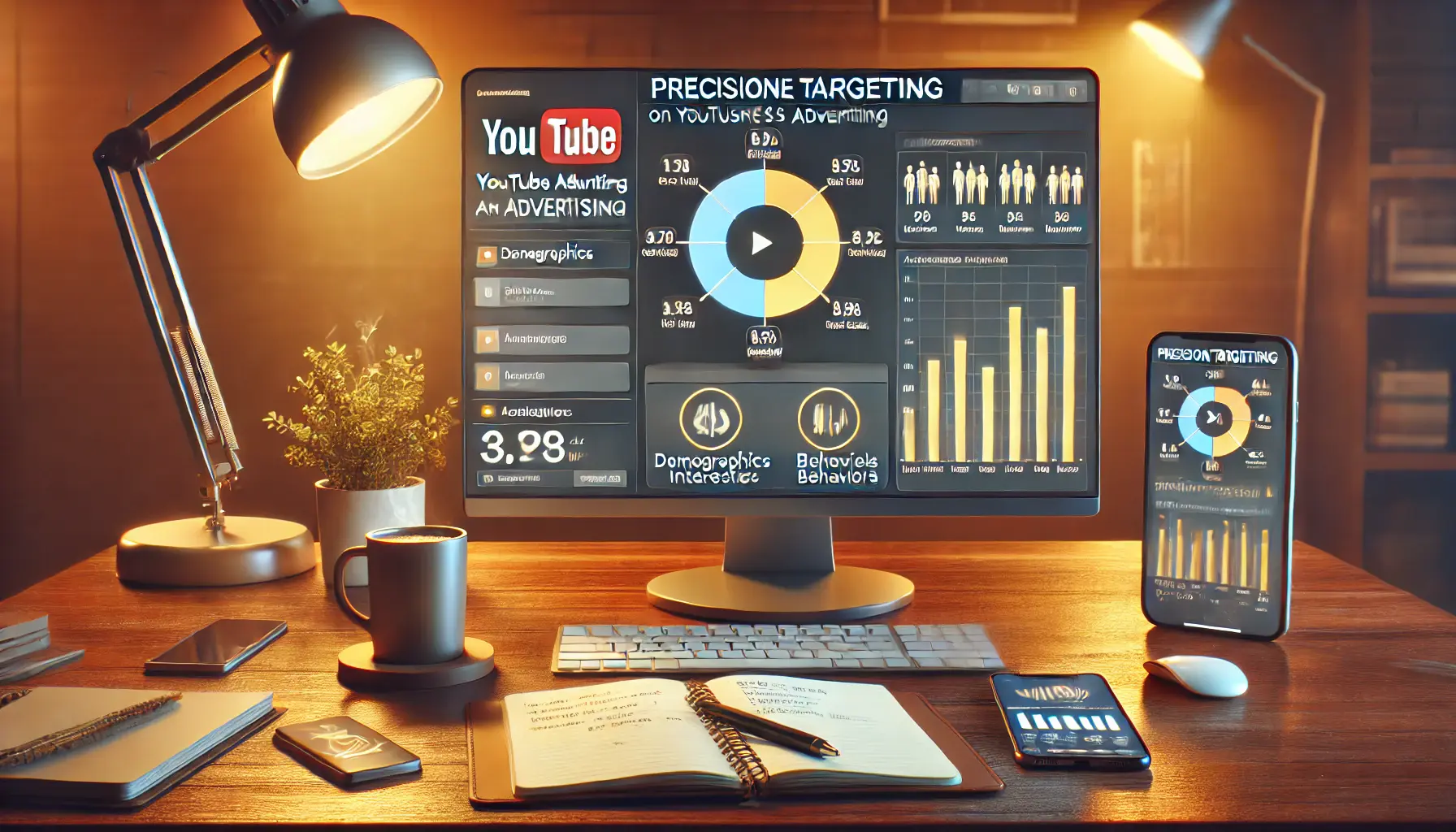 A realistic image of a workspace with a computer screen showing YouTube's audience targeting options, symbolizing precision targeting for YouTube ads.