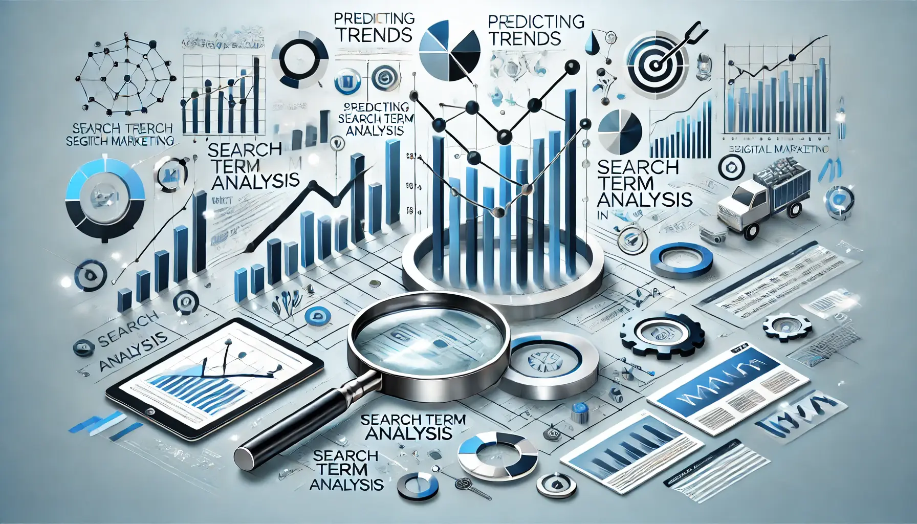 Visual representation of predicting trends with search term analysis featuring trend graphs, growth arrows, and data analytics