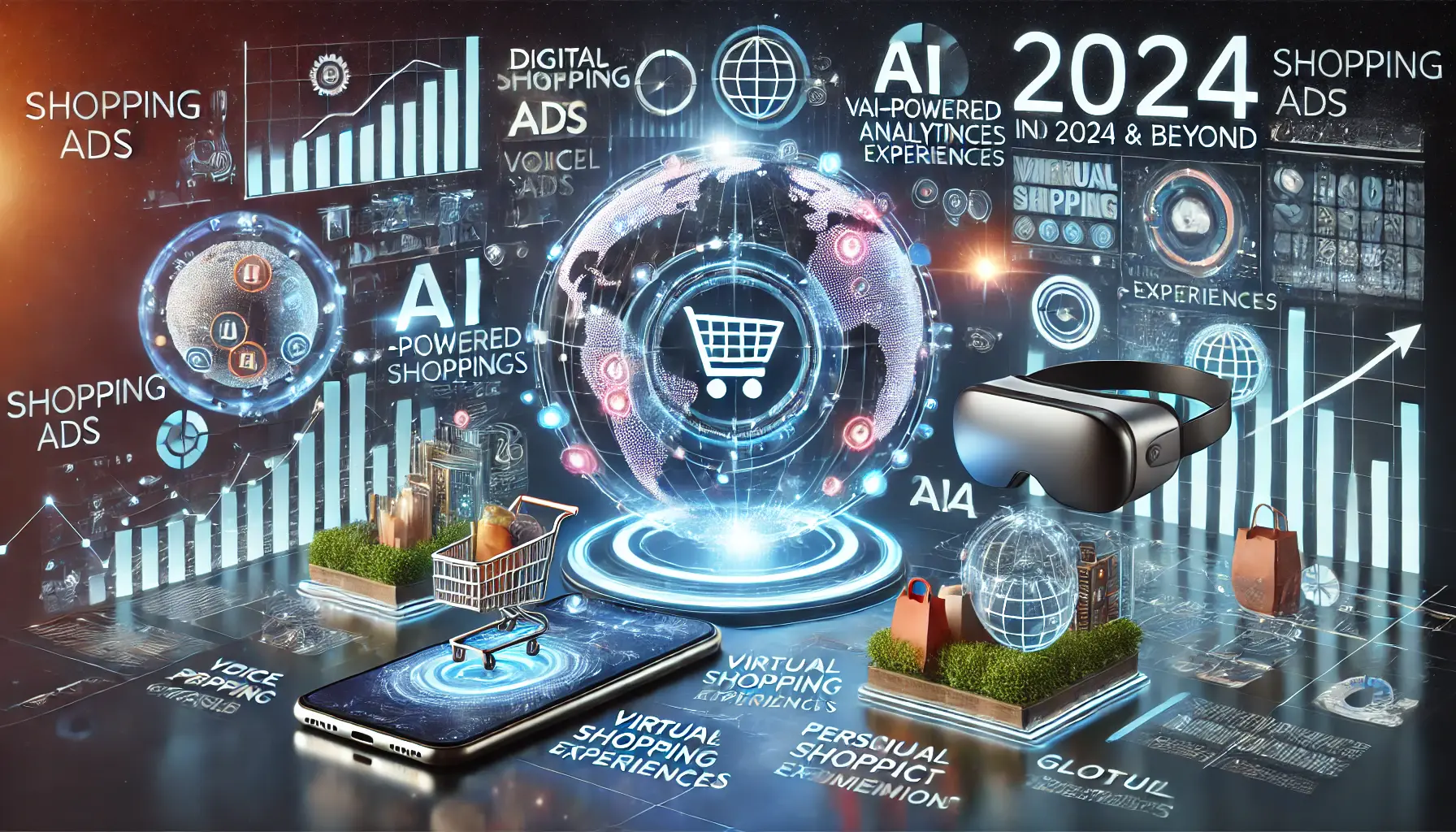 An image showing futuristic Shopping Ads on advanced devices like smartphones and augmented reality glasses, with AI analytics, virtual shopping, and global trends symbolizing future growth.