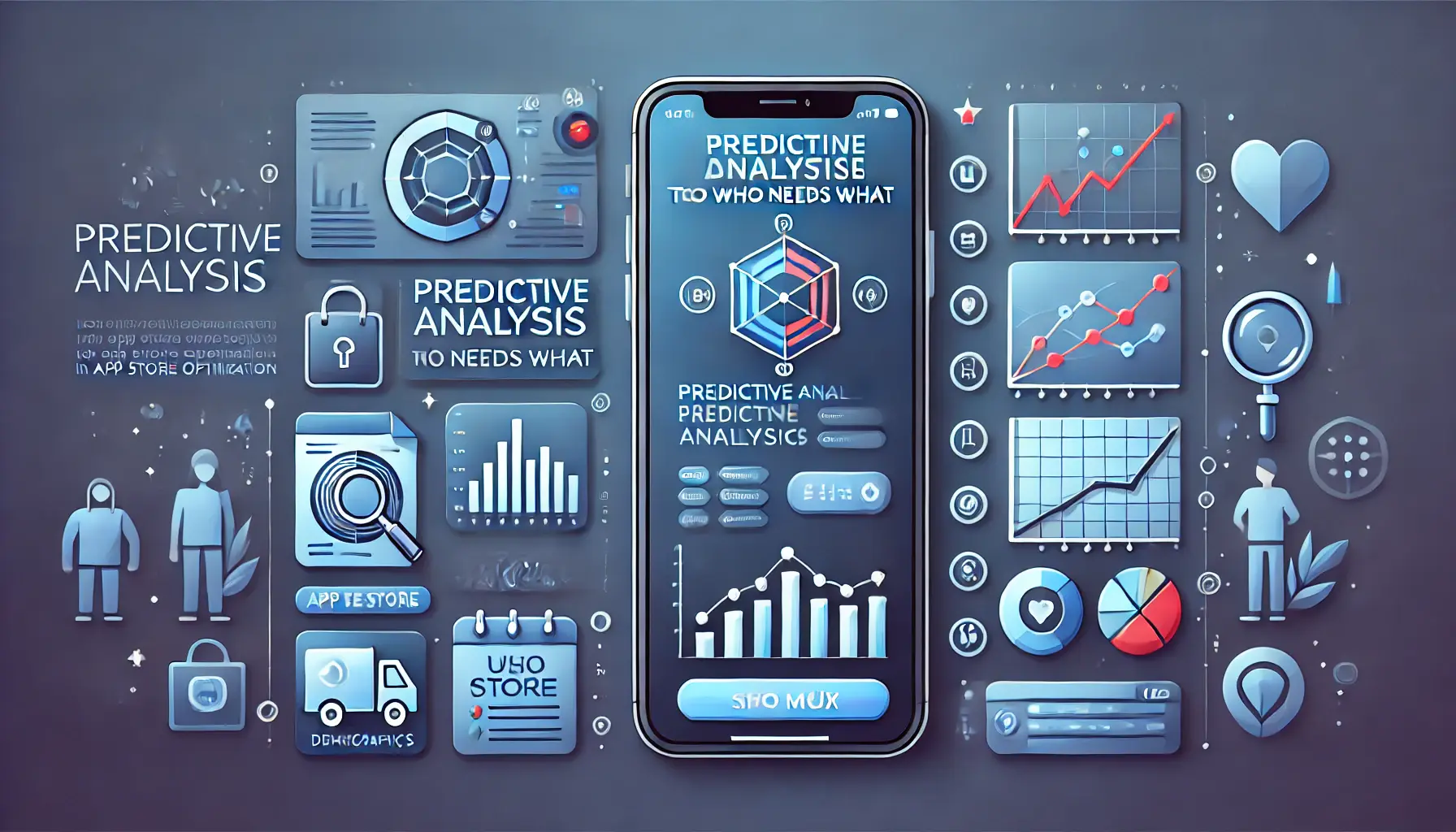 Image illustrating the use of predictive analysis to identify user needs, featuring a mobile app interface with predictive data analytics, trend graphs, and demographic icons.