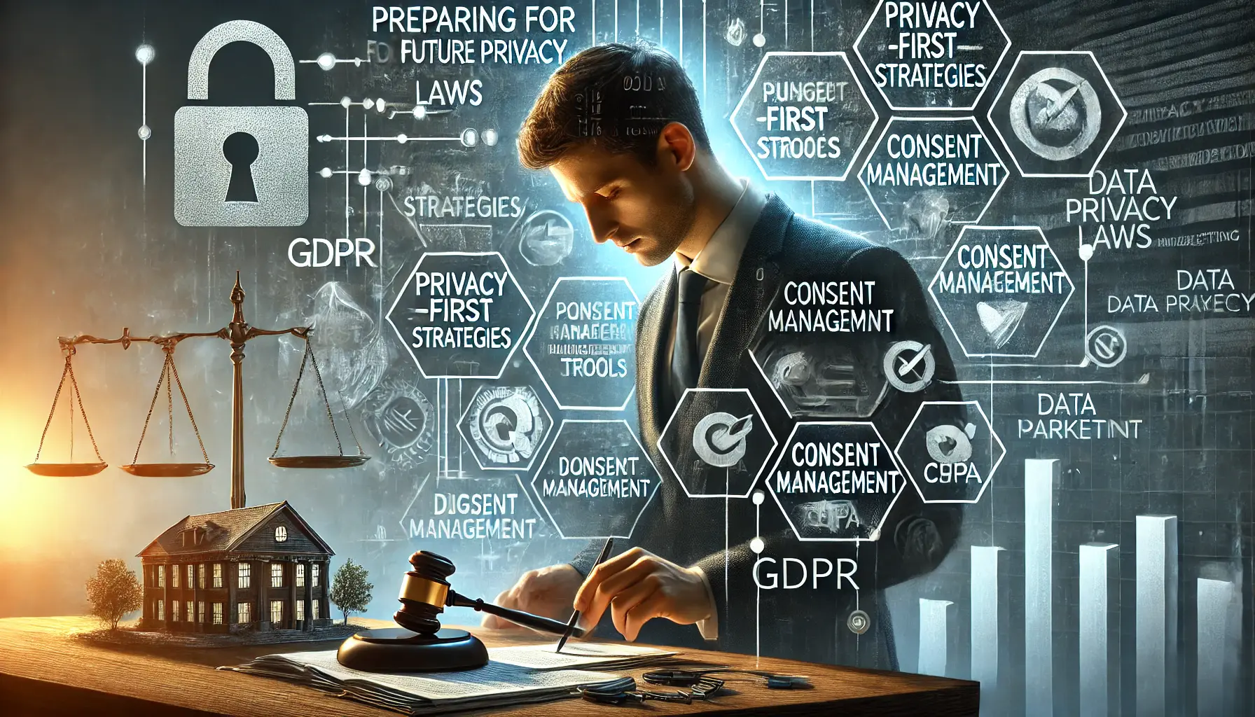 A digital marketer or compliance officer reviewing privacy policies and consent management tools, preparing for upcoming data privacy regulations.