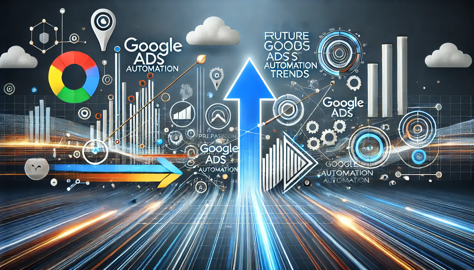 Abstract representation of preparing for future automation trends with futuristic technology, upward arrows, and interconnected nodes