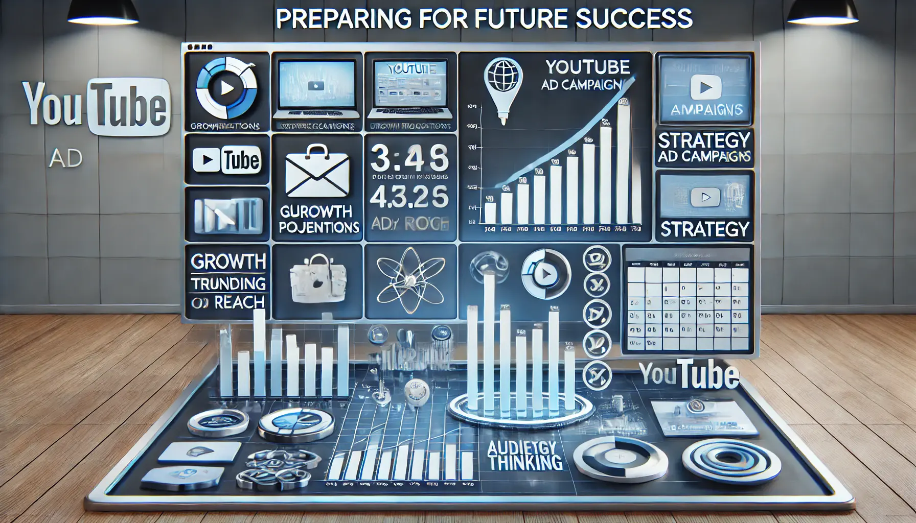 Image showing a digital dashboard with growth projections, planning calendars, and strategy icons to prepare for future success in YouTube ads.