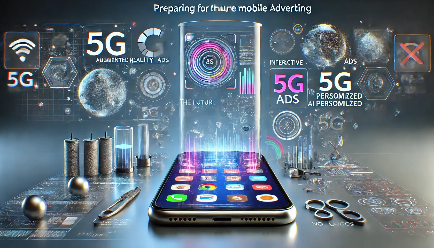 A smartphone displaying futuristic ad elements like augmented reality (AR) ads, interactive features, and AI-driven content, surrounded by symbols of future technologies like 5G and AI algorithms