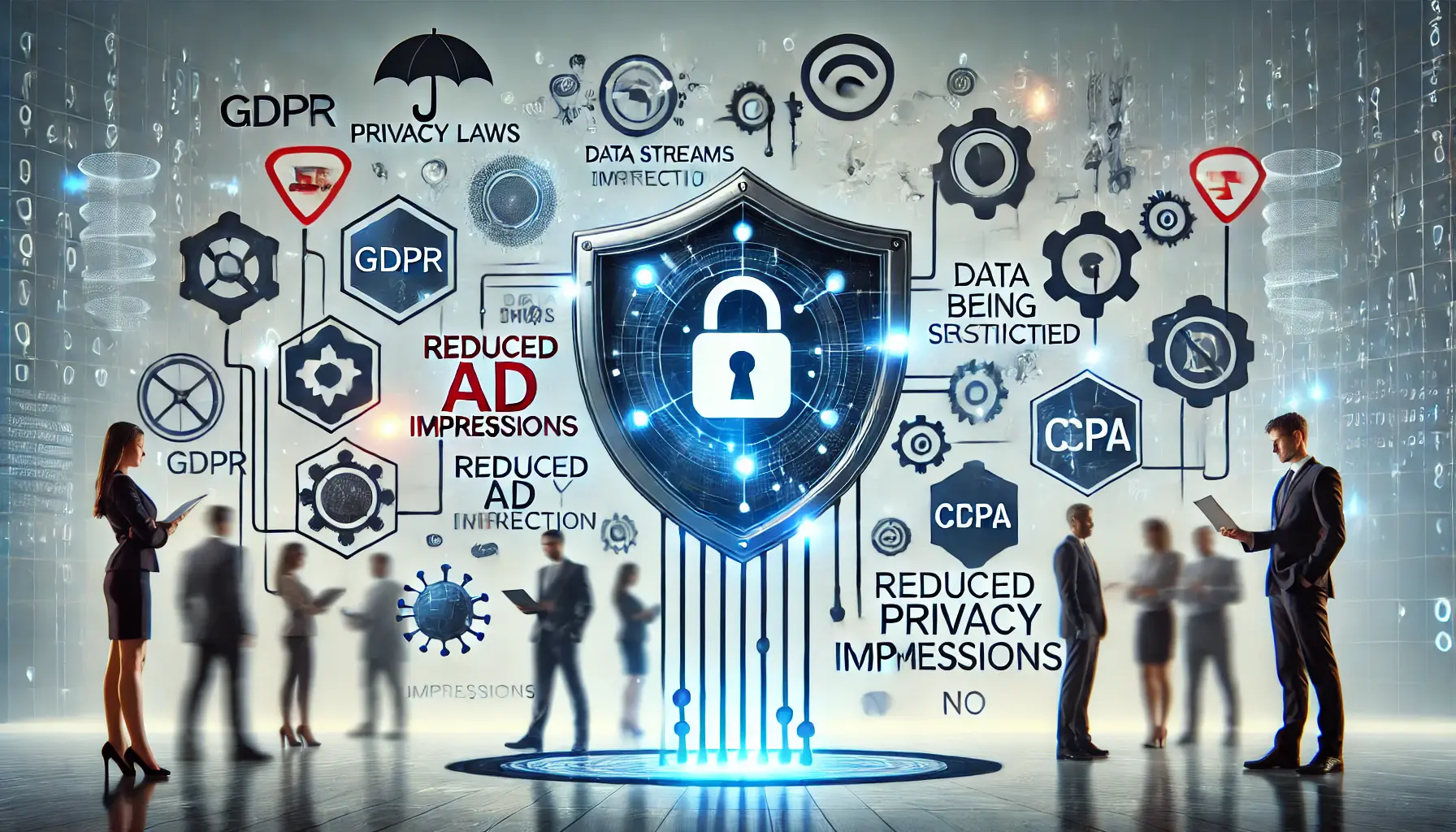 Visualization of privacy laws like GDPR and CCPA affecting ad impressions, with symbols for data protection and restricted data streams.