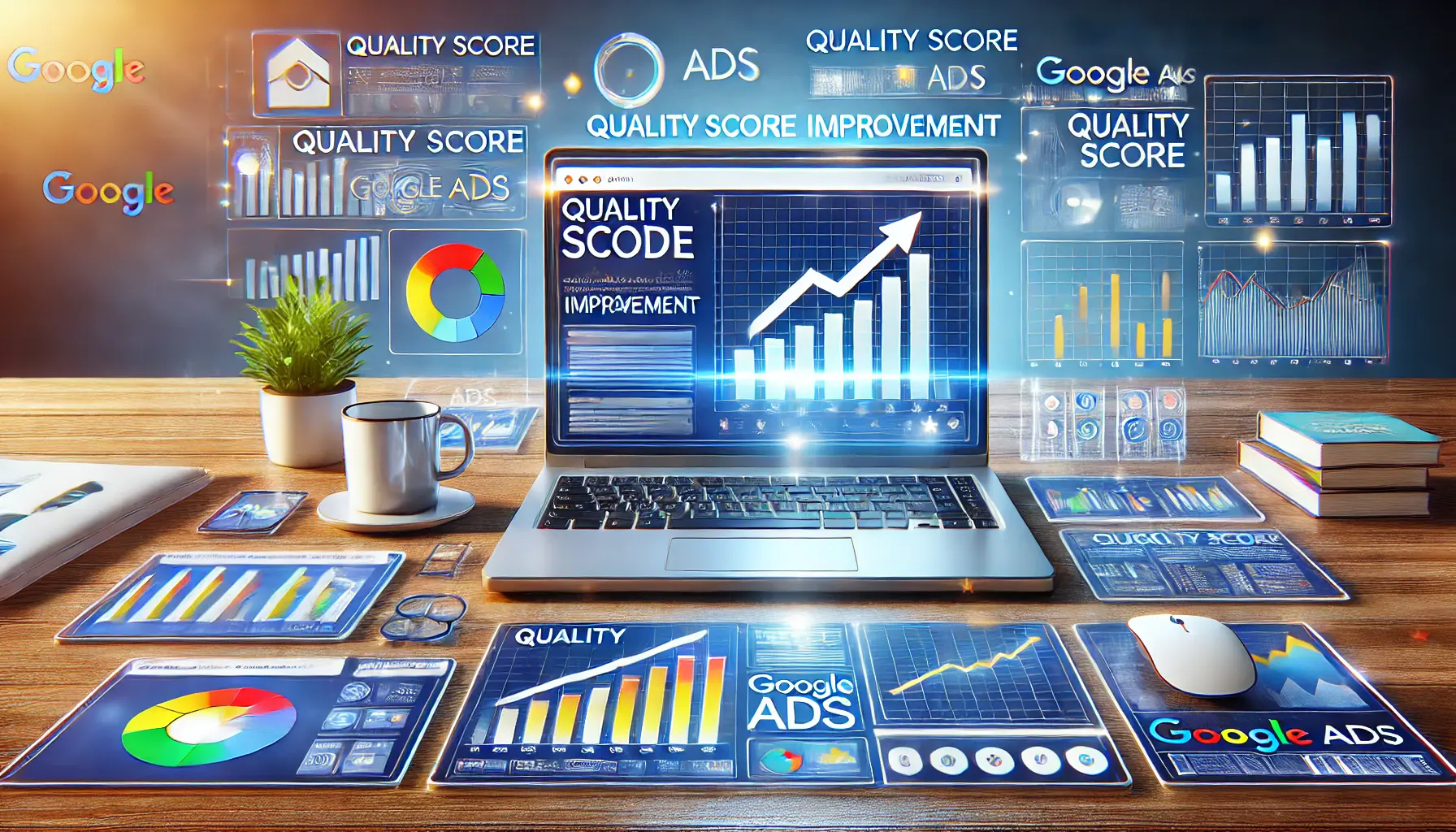 A digital marketing scene showcasing graphs, charts, and metrics representing Quality Score Improvement in Google Ads.