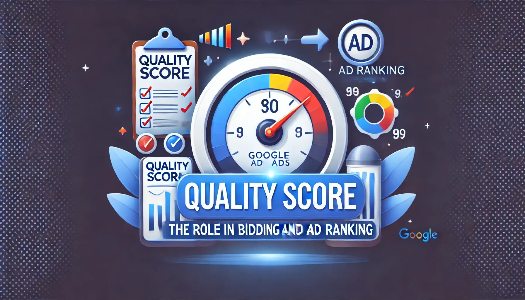 Visual representation of Quality Score's role in bidding and ad ranking, featuring a gauge indicating quality and a digital dashboard with ad ranking metrics.