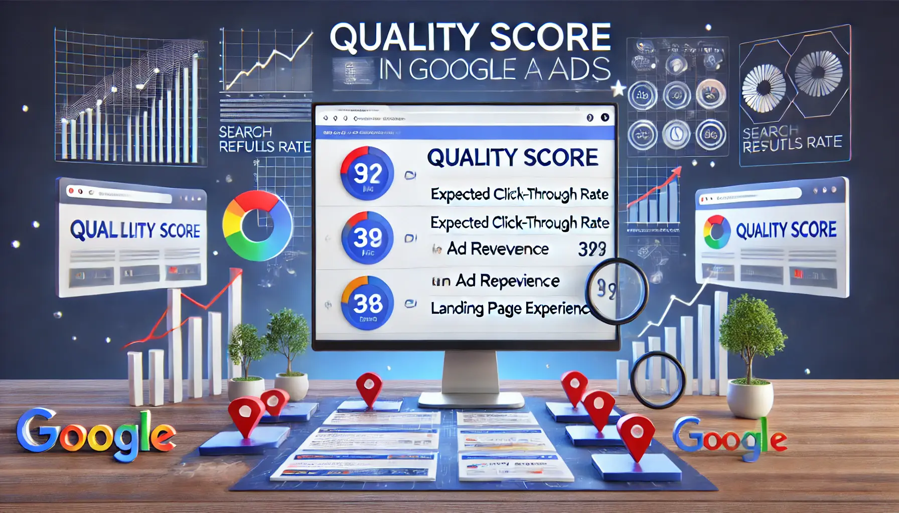 A realistic illustration explaining the concept of Quality Score in Google Ads, featuring a search engine results page (SERP) with various ads and visual elements representing Quality Score metrics.