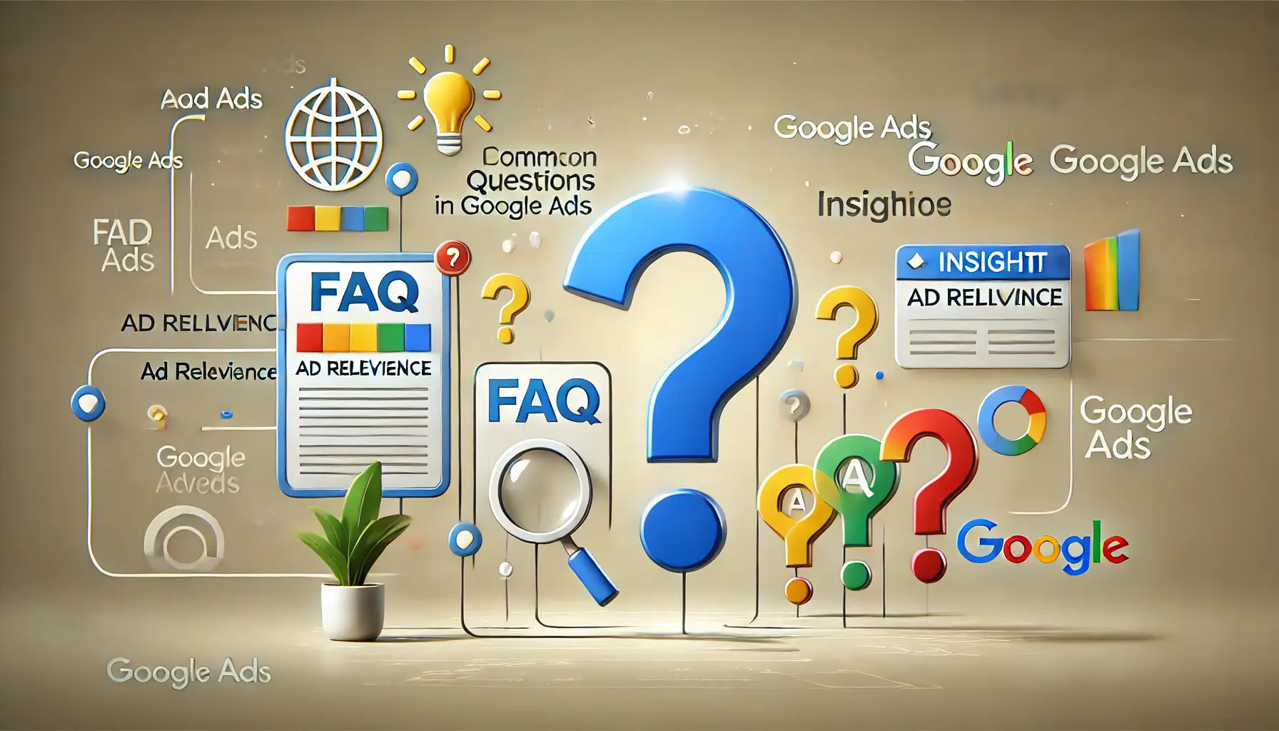 Image illustrating frequently asked questions about ad relevance with question mark icons, FAQ symbols, and insight indicators.