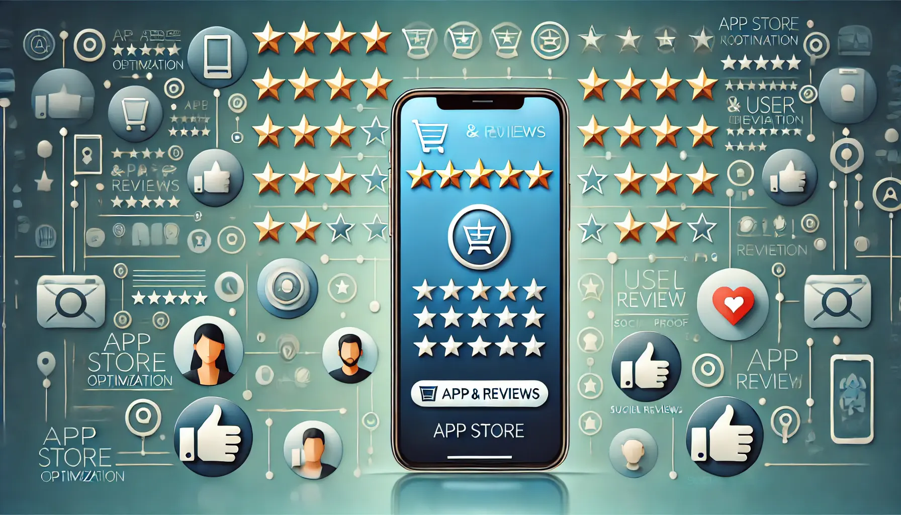 Illustration representing the importance of ratings and reviews in app optimization, featuring a mobile device with star ratings, user reviews, and symbolic elements like stars and thumbs-up icons.