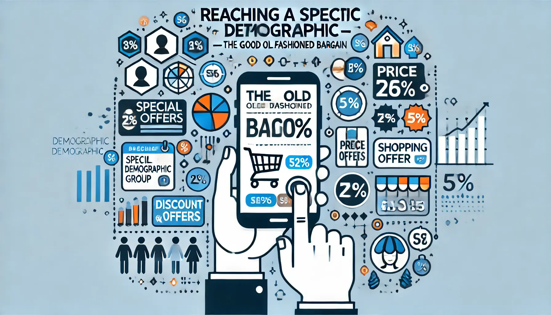 Image illustrating the concept of targeting specific demographics with special offers or discounts, featuring demographic icons, a mobile app interface showing discounts, and symbols of value like price tags or shopping carts.