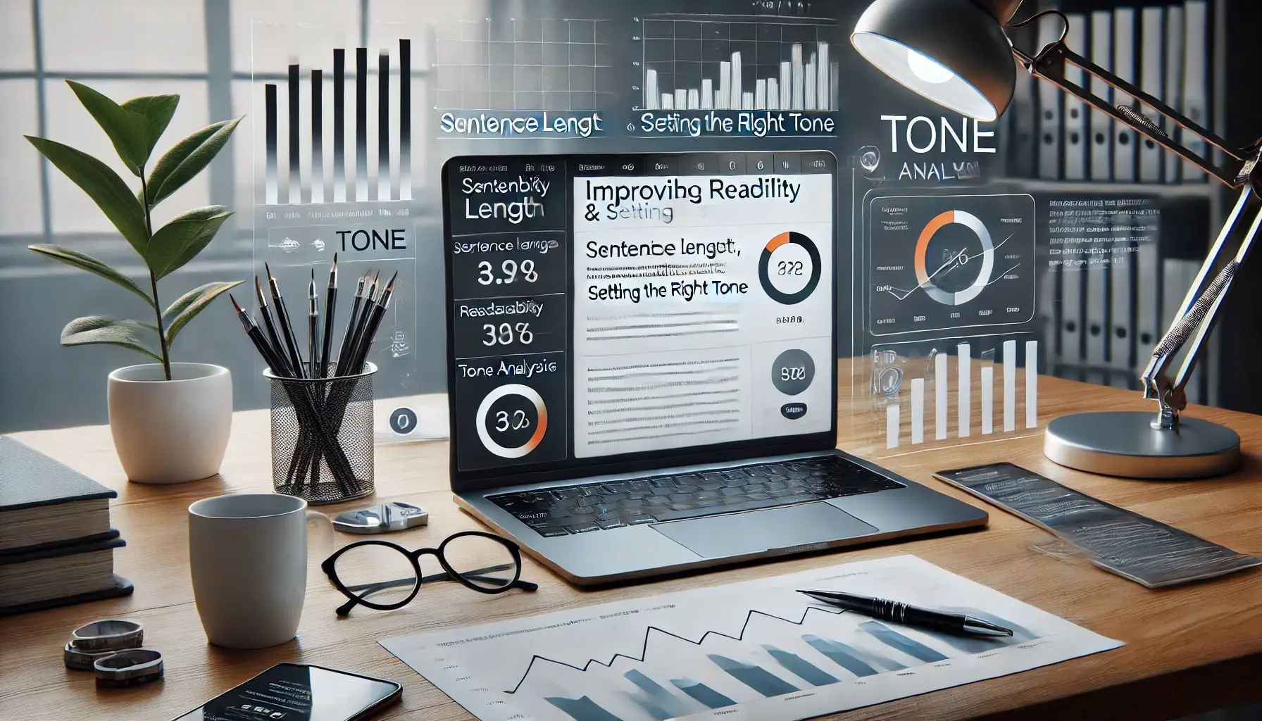 A digital workspace showing a content editor with tools analyzing readability and tone, with charts displaying user engagement and readability scores.