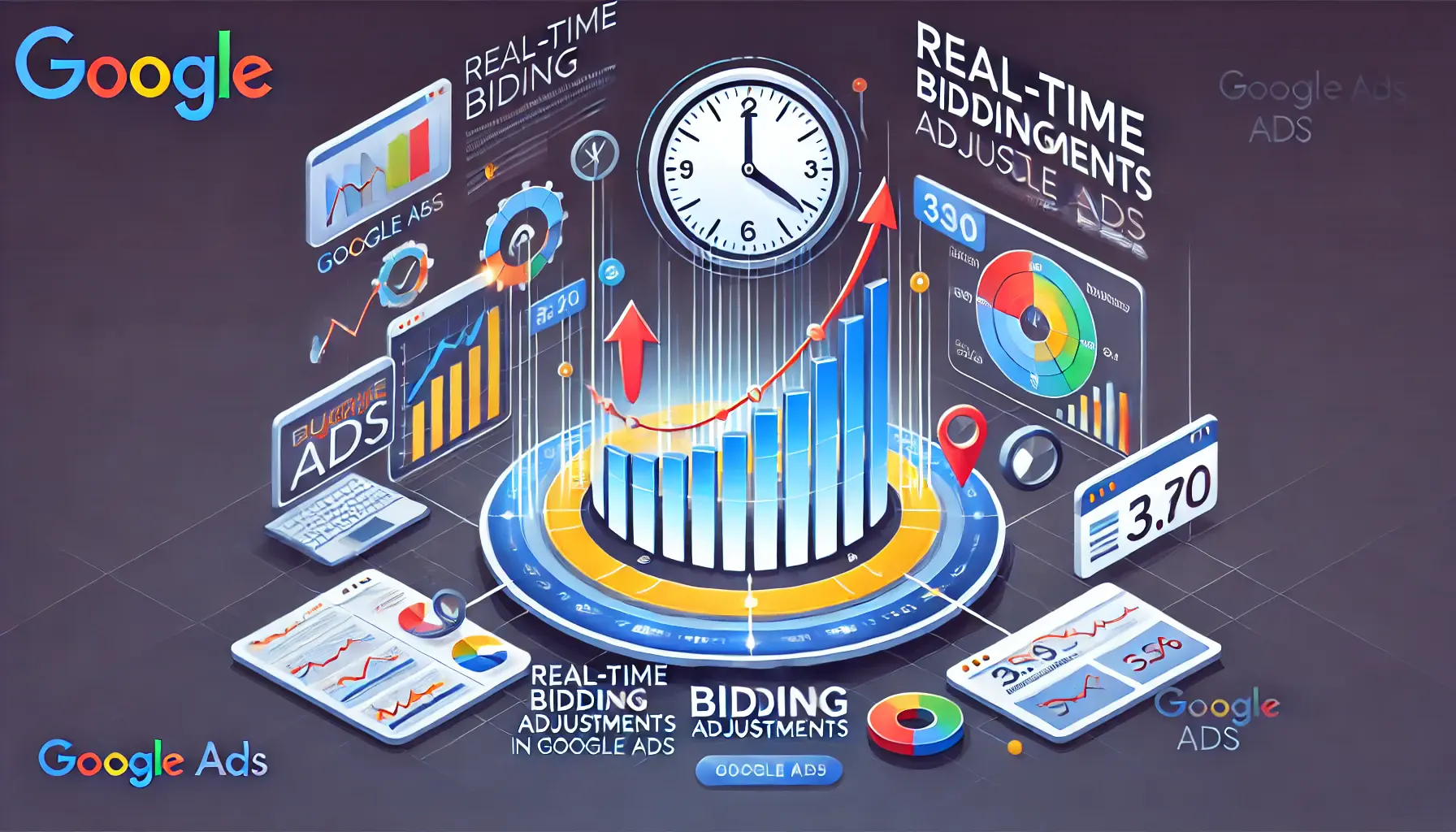 An engaging digital marketing illustration depicting real-time bidding adjustments in Google Ads, featuring dynamic graphs and digital clocks.